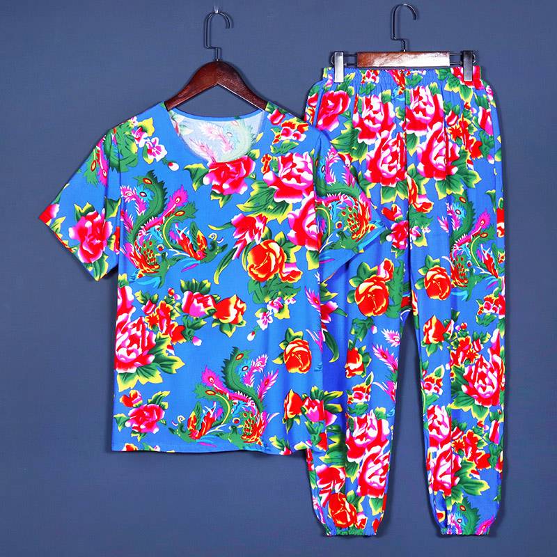 Northeast big flower cloth summer cotton and silk set men's long -sleeved short -sleeved short pants ethnic style stage service artificial cotton pants