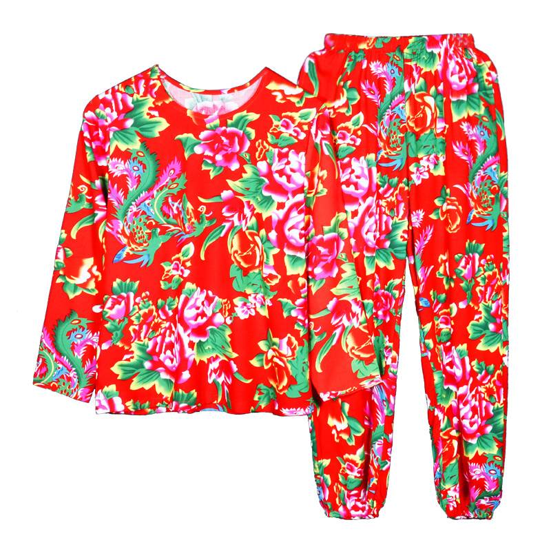 Northeast big flower cloth summer cotton and silk set men's long -sleeved short -sleeved short pants ethnic style stage service artificial cotton pants