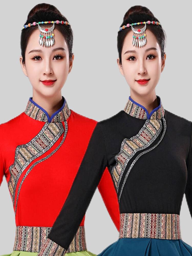Ethnic minority style Tibetan dance clothing female stage performed Guizhuang Zhuoma half -body milk silk shirt short sleeves