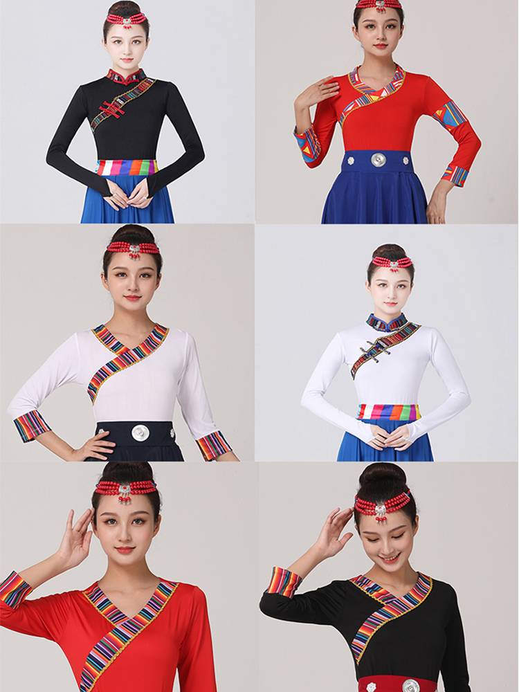 Ethnic minority style Tibetan dance clothing female stage performed Guizhuang Zhuoma half -body milk silk shirt short sleeves