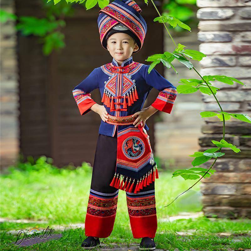Guangxi March Three Children's Zhuang Costume Little Ethnic Ou Yao Performing Yao Performance Male and Girls Dance Performance