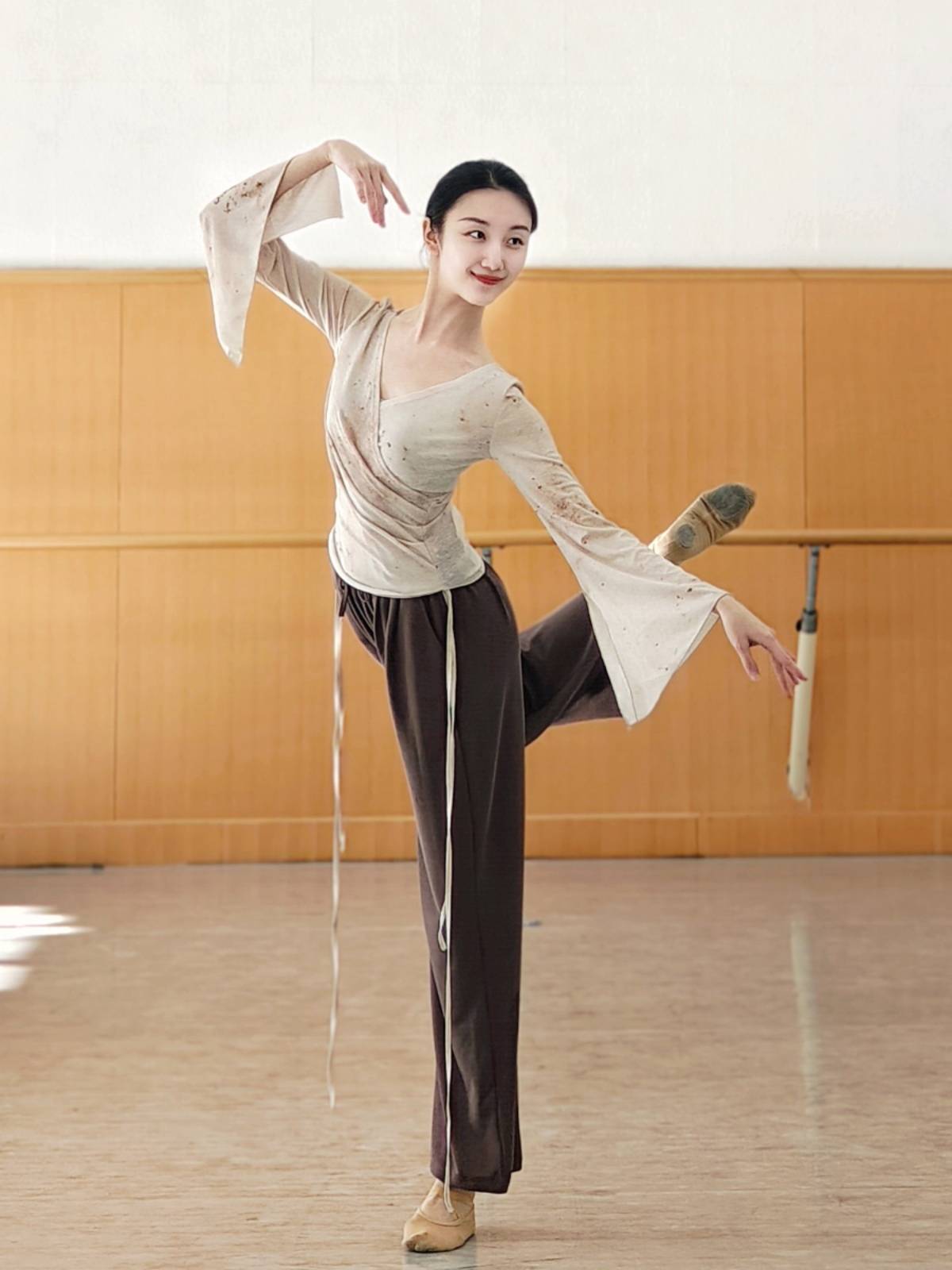 Chinese classical dance exercise female modern dance long sleeve top clothes, autumn and winter print dance service ethnic group