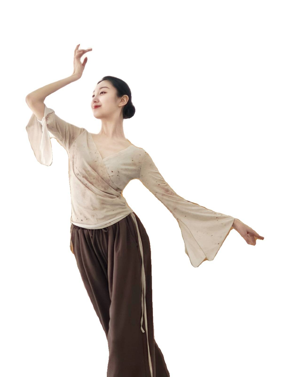 Chinese classical dance exercise female modern dance long sleeve top clothes, autumn and winter print dance service ethnic group