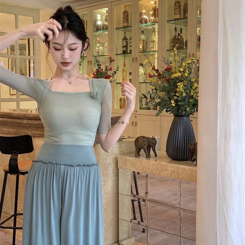 Modern dance practice service women's net yarn long -sleeved wide -leg pants set Chinese classical national dance showing clothing