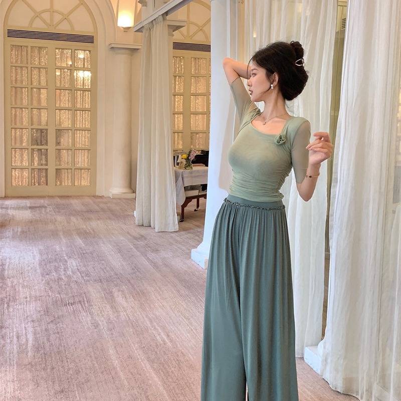 Modern dance practice service women's net yarn long -sleeved wide -leg pants set Chinese classical national dance showing clothing