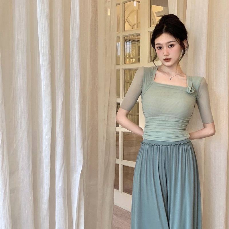 Modern dance practice service women's net yarn long -sleeved wide -leg pants set Chinese classical national dance showing clothing