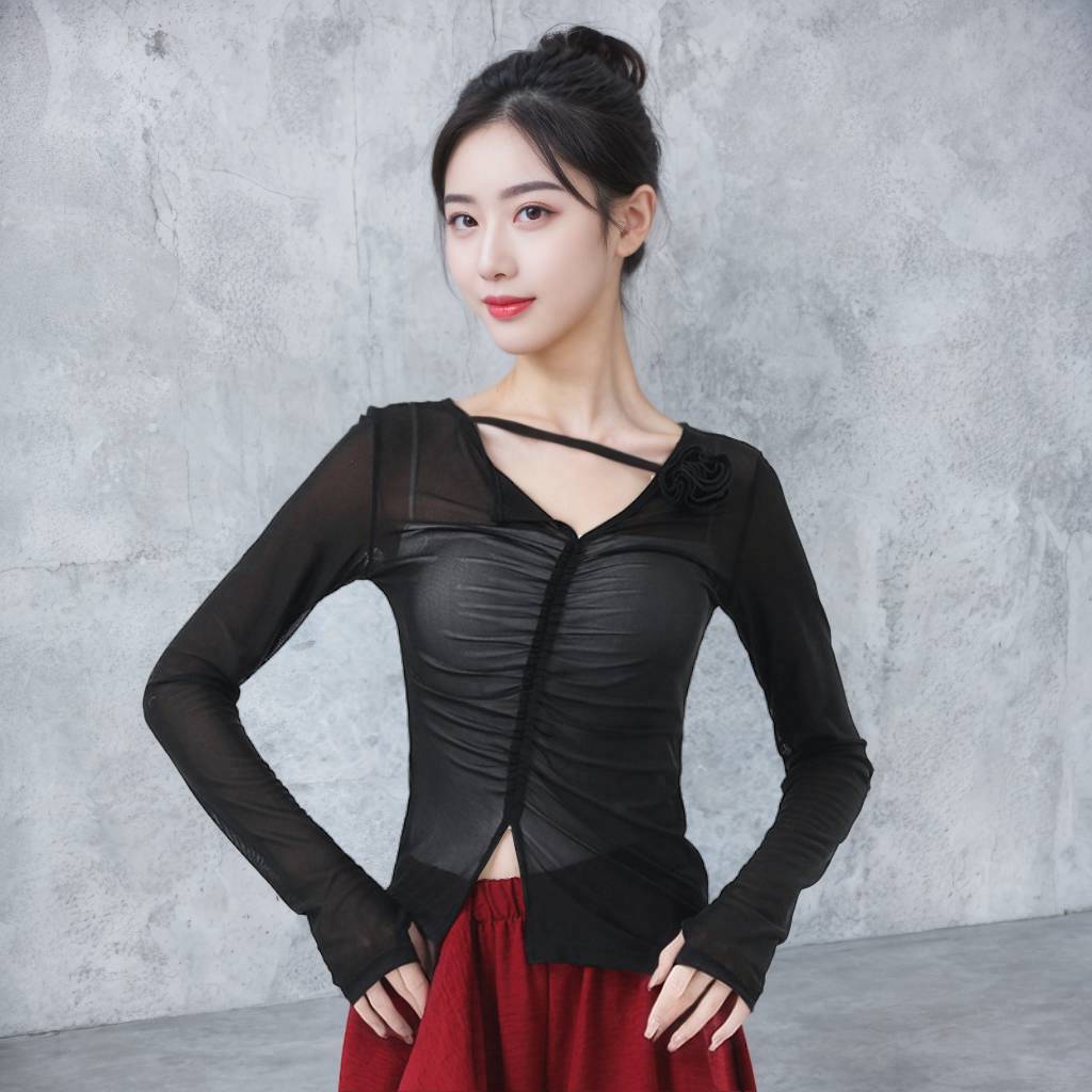 The new Chinese style refers to long -sleeved top female three -dimensional flower design Classical dance exercises