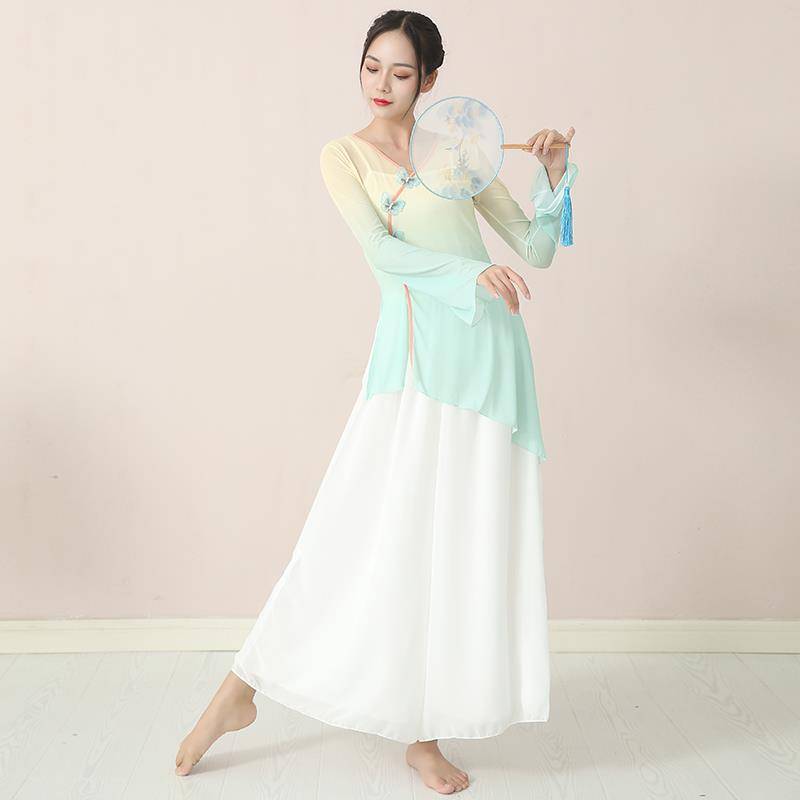 Classical dance gauze female body rhyme, elegant gradient, elastic shirt, Chinese dance exercise, national dance watch show
