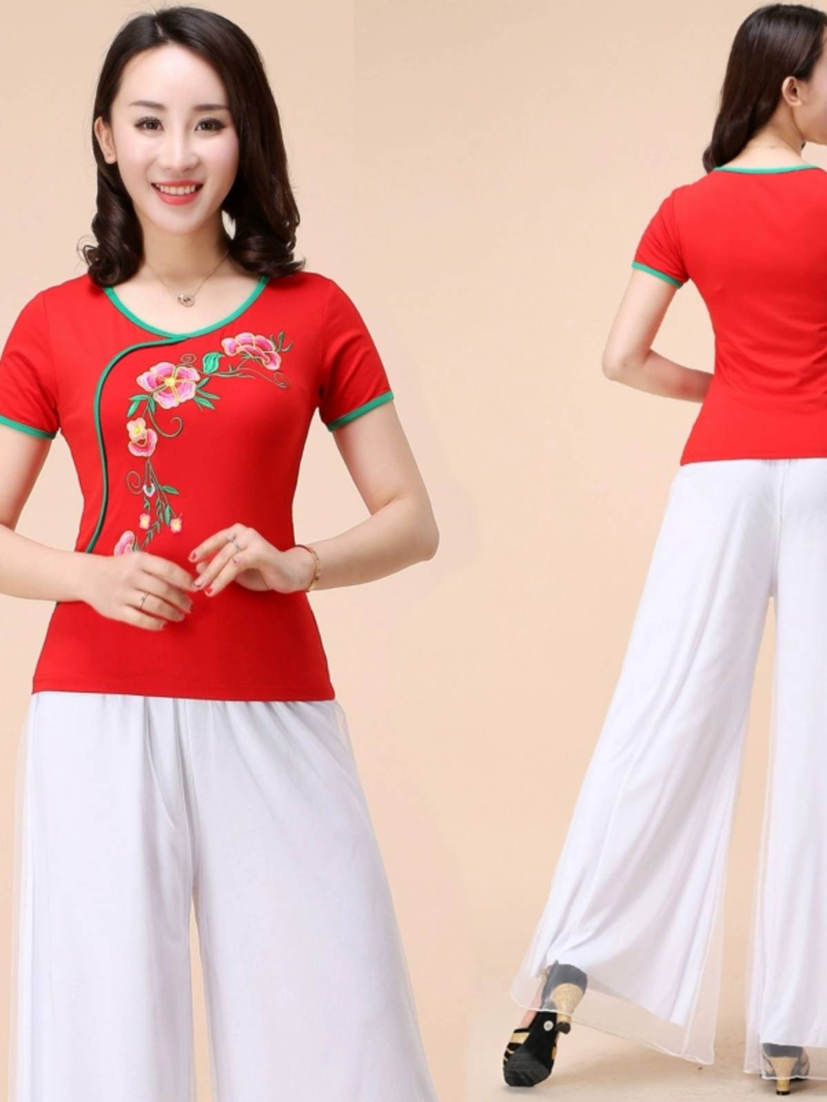 New square dance clothing national style dance clothing short -sleeved embroidery Modal female dancing service performance service