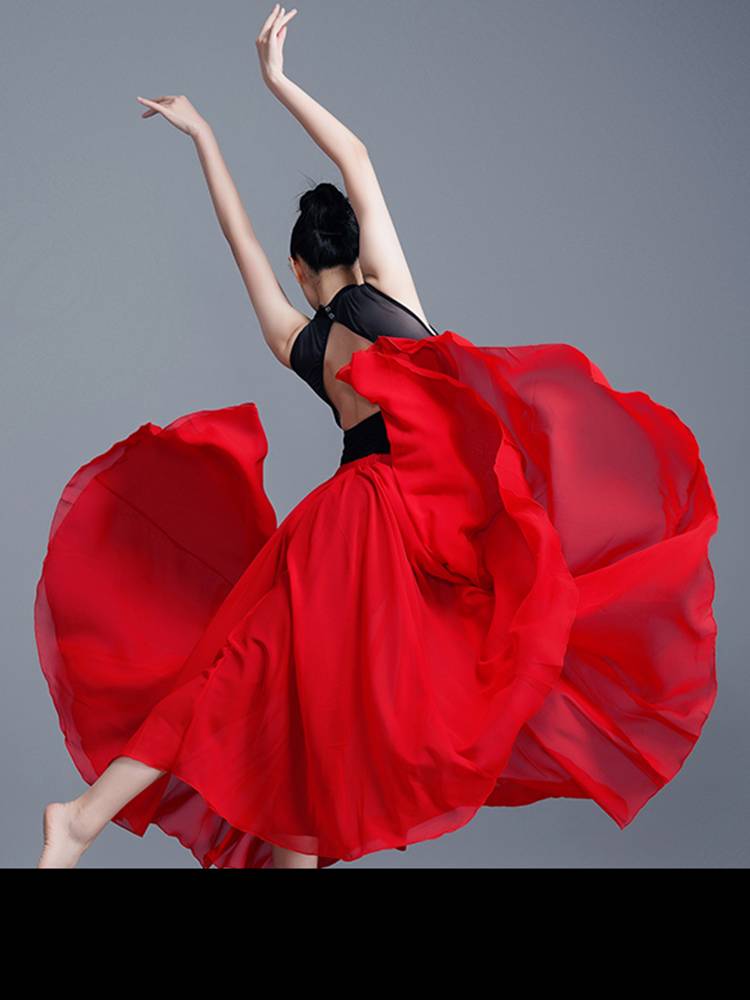 Classical dance long skirt Modern Xinjiang dance photo performances are elegant 720 degrees half -bodies practice yarn skirt spring and summer
