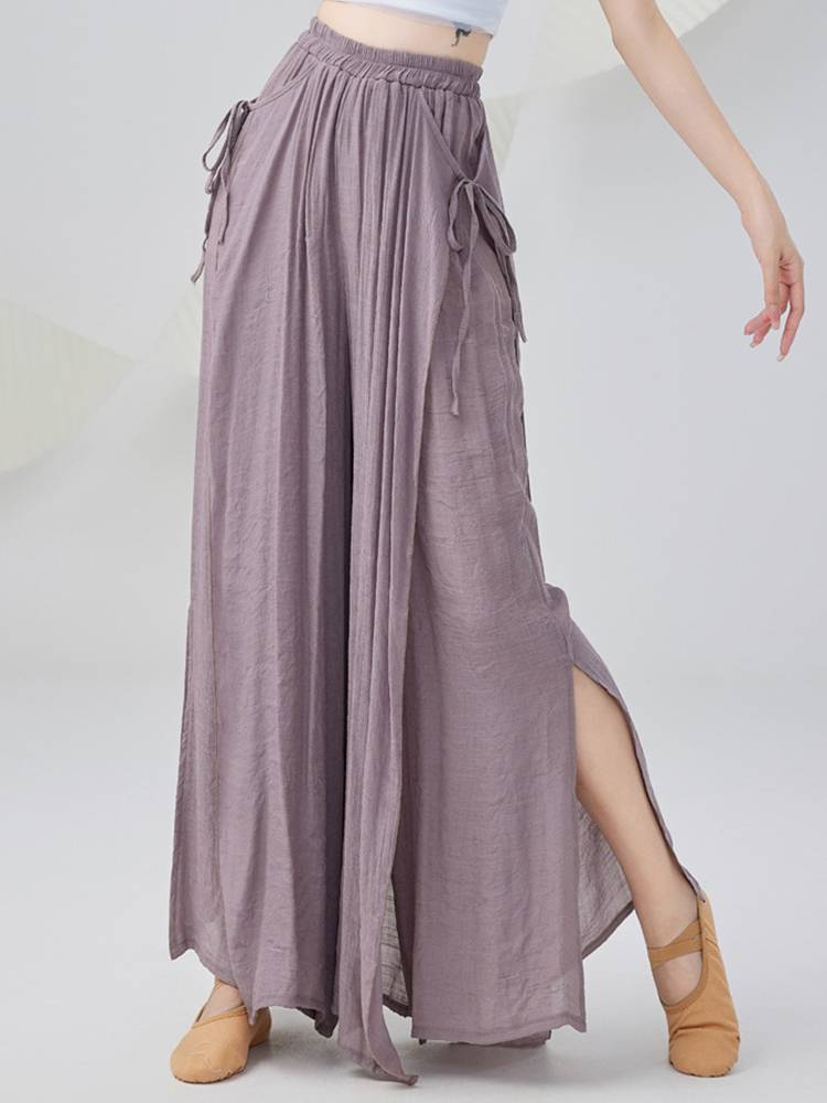 Cotton and linen classical dance long trousers double -layer split elegant wide -leg skirt pants brown shape national dance practice clothing