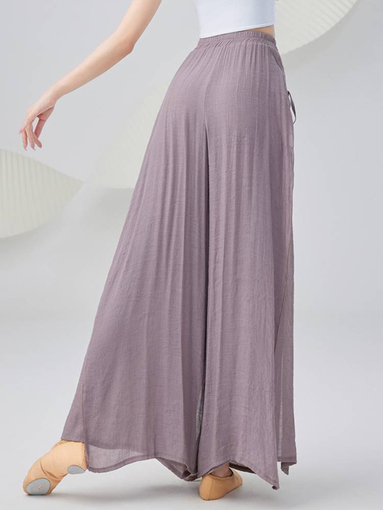 Cotton and linen classical dance long trousers double -layer split elegant wide -leg skirt pants brown shape national dance practice clothing