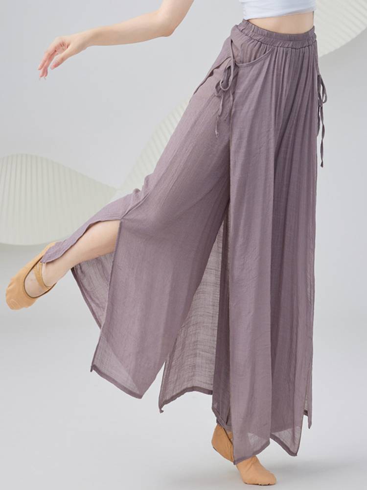 Cotton and linen classical dance long trousers double -layer split elegant wide -leg skirt pants brown shape national dance practice clothing