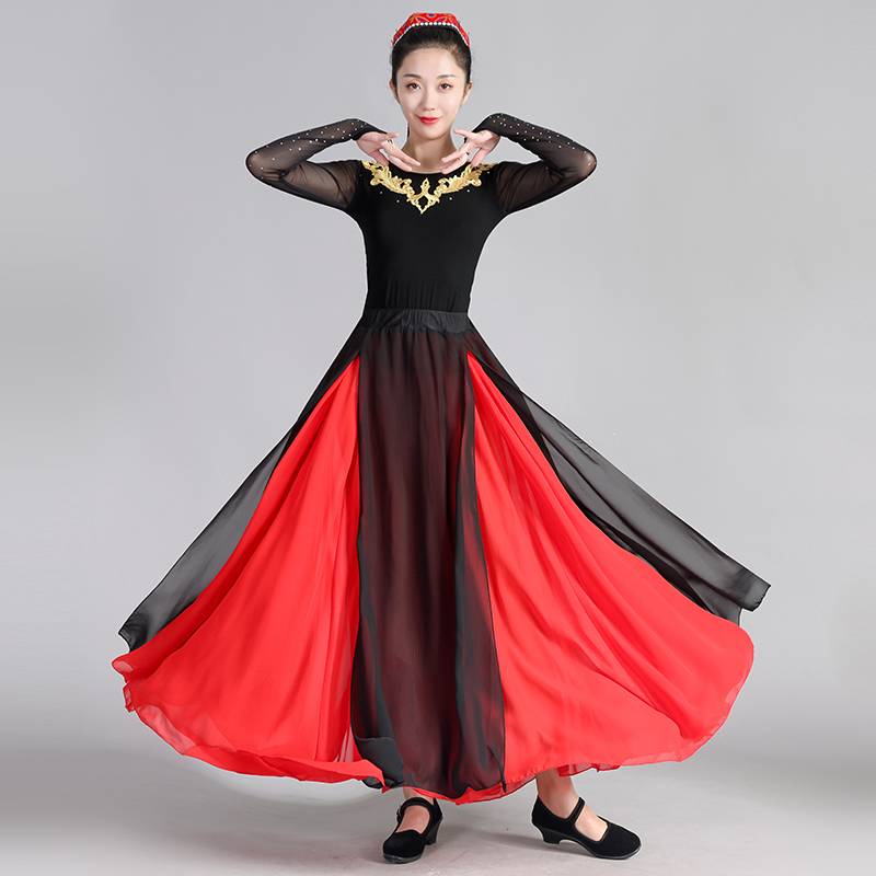 Xinjiang Dance Dance Performance Service New Ethnic Dance Female Female Broken Skirt Set Practice Dance Mid -Boiled Mandarin Skirt