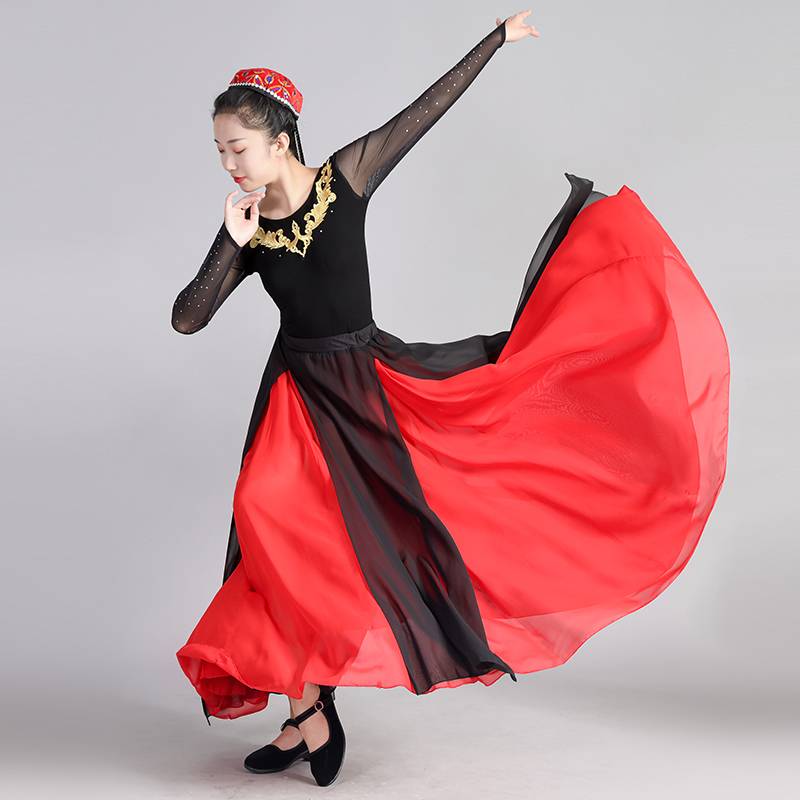 Xinjiang Dance Dance Performance Service New Ethnic Dance Female Female Broken Skirt Set Practice Dance Mid -Boiled Mandarin Skirt