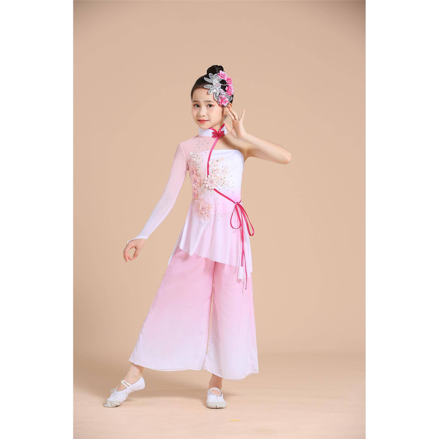 Children's Classical Dance Prefecture Yangge Art Examination Soluper Fan National Dance Ethnic Dance Flower Chinese Style Performance Service Pink