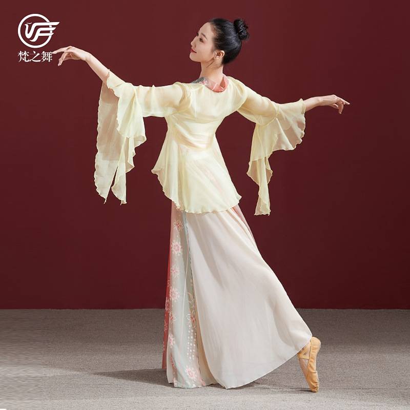 Classical dance clothing set ethnic dance exercises, women's elegant gauze, national printing ribbon big bloom skirt