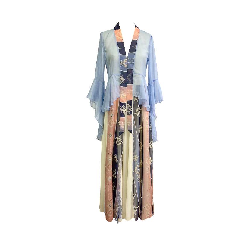Classical dance clothing set ethnic dance exercises, women's elegant gauze, national printing ribbon big bloom skirt
