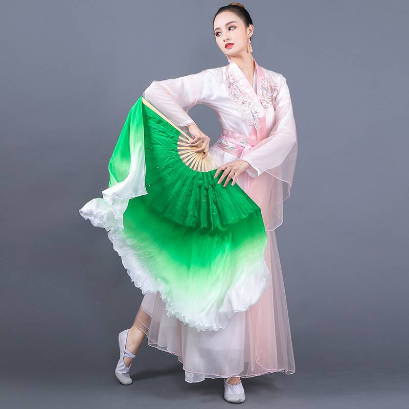 Dance fan dancing fan dance fan two -sided green gradient growth real silk national dance performance performance Da Yangge fan