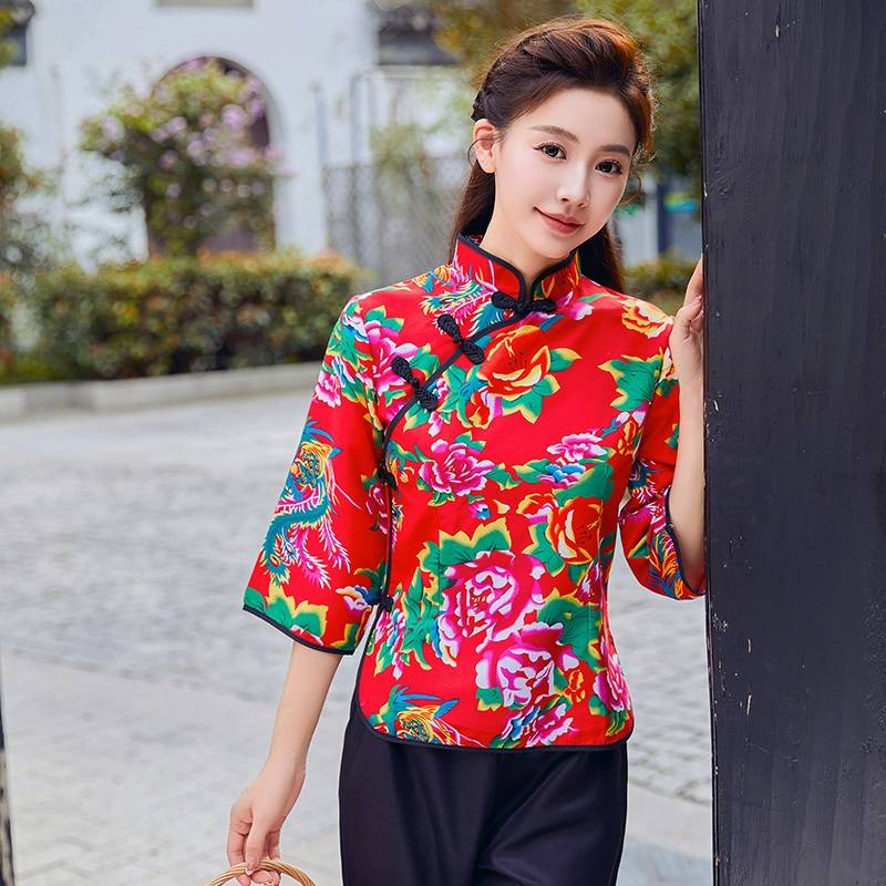 Northeast Dahua cloth clothes pajamas long -sleeved long -sleeved ethnic trend online red hip -hop dance duo