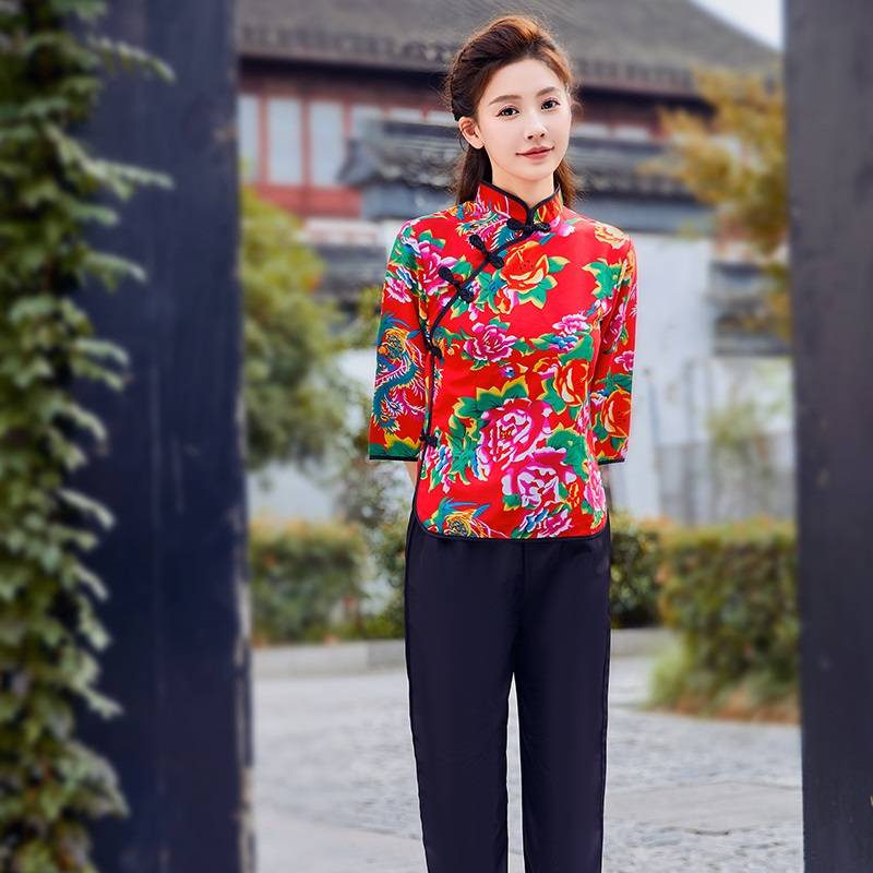 Northeast Dahua cloth clothes pajamas long -sleeved long -sleeved ethnic trend online red hip -hop dance duo