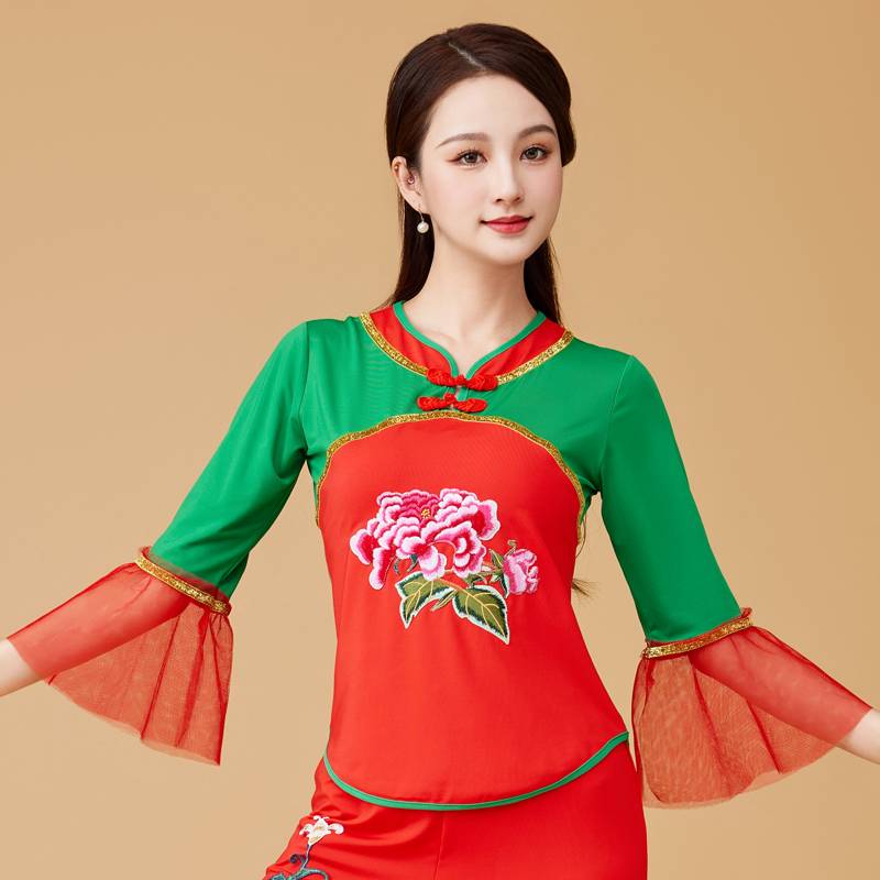 Square dance clothing female new shirt, spring and summer national Yangge fan dance performance, wide -leg pants skydiving dance clothes