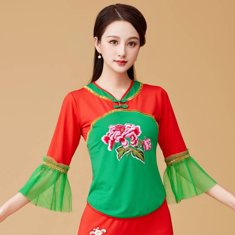 Square dance clothing female new shirt, spring and summer national Yangge fan dance performance, wide -leg pants skydiving dance clothes