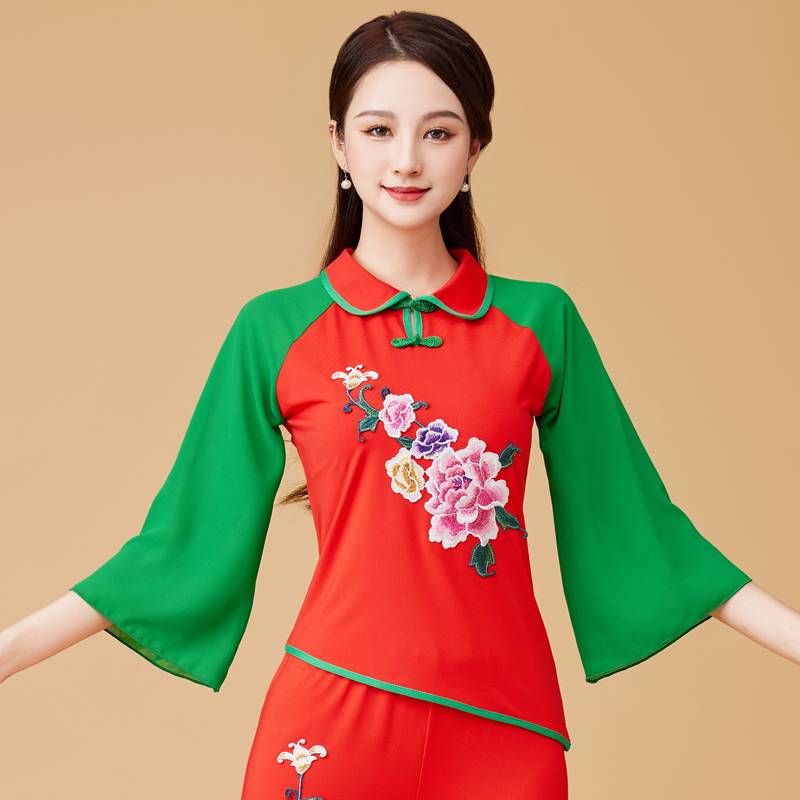 Square dance clothing female new shirt, spring and summer national Yangge fan dance performance, wide -leg pants skydiving dance clothes