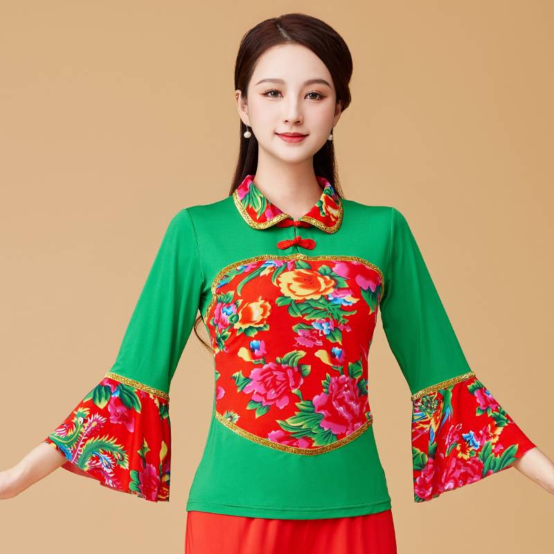 Square dance clothing female new shirt, spring and summer national Yangge fan dance performance, wide -leg pants skydiving dance clothes