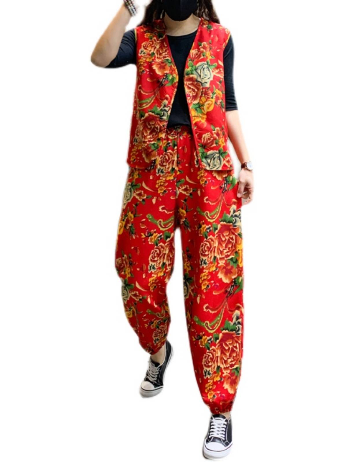 Northeast Big Flower Set Vests Lantern Pants National Wind Square Dance 2 Grandma Twisting Yangge Performing Drums