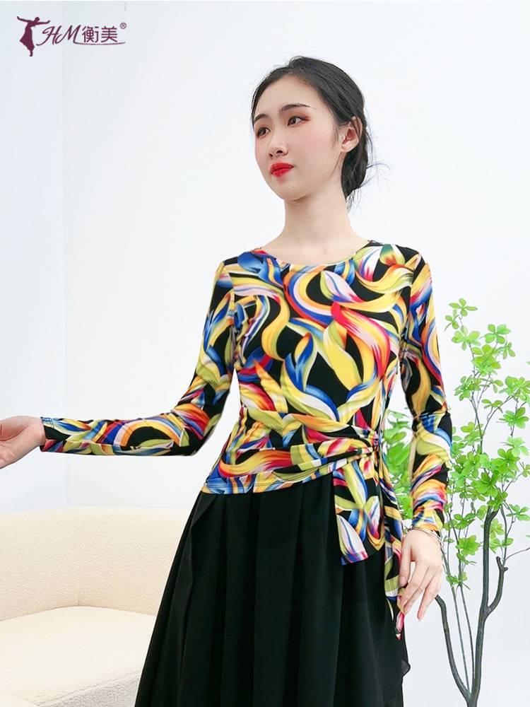 Classical dance clothing temperament printed medium sleeve top adult Chinese modern dance nation dance clothing practice service girl