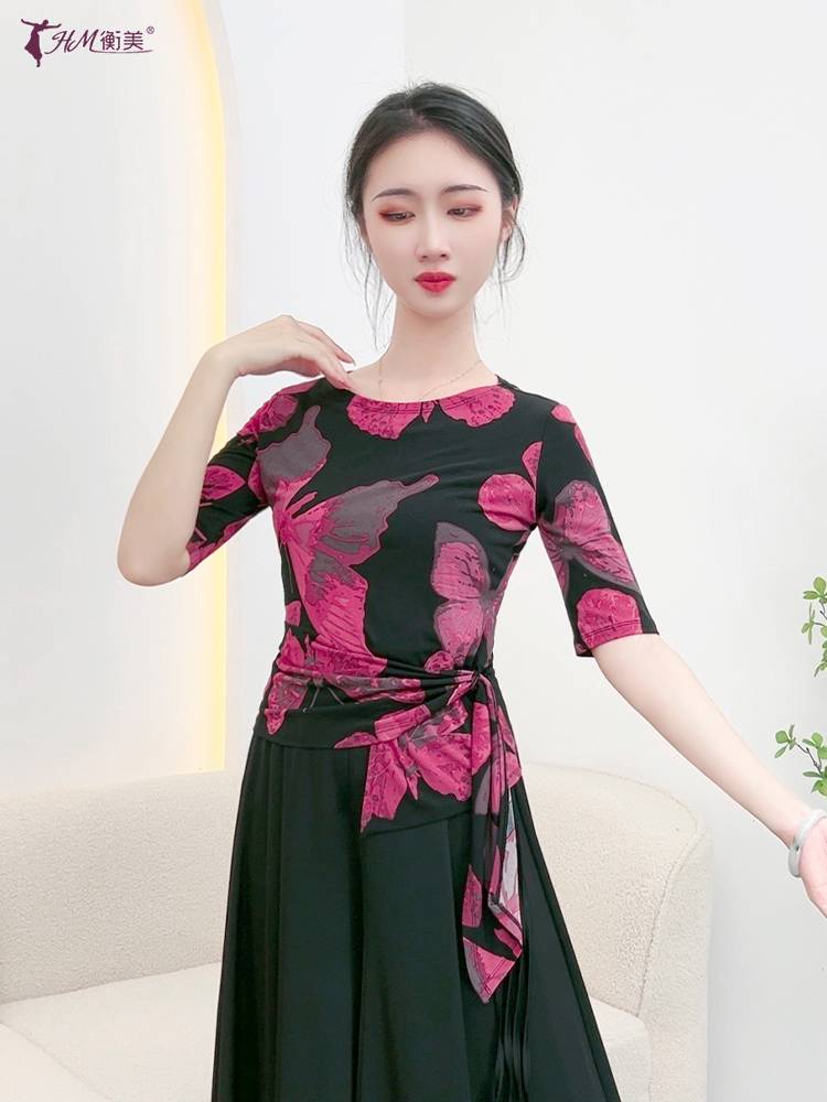 Classical dance clothing temperament printed medium sleeve top adult Chinese modern dance nation dance clothing practice service girl