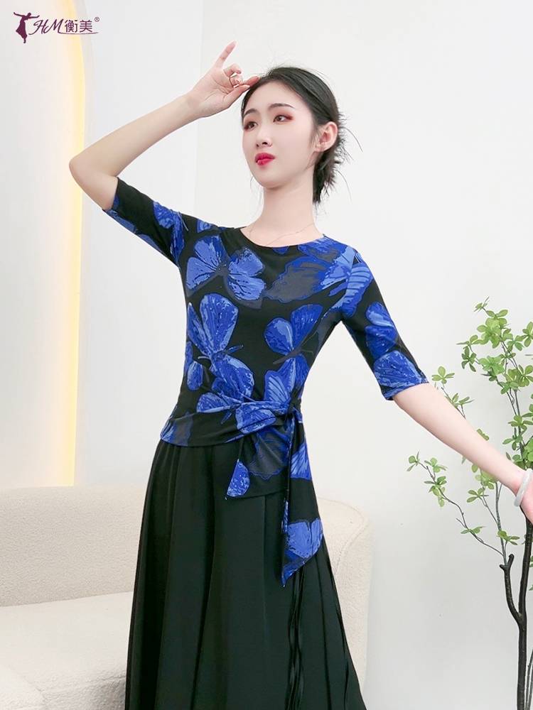 Classical dance clothing temperament printed medium sleeve top adult Chinese modern dance nation dance clothing practice service girl