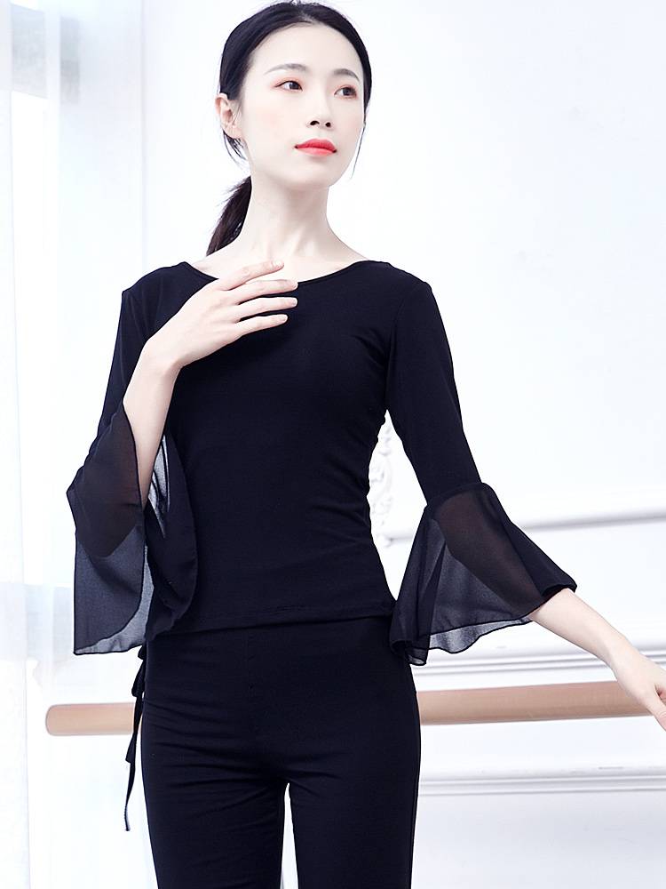 Modern dance exercise, clothing female classical square ethnic dance body top horn, sleeve back slimming T -shirt