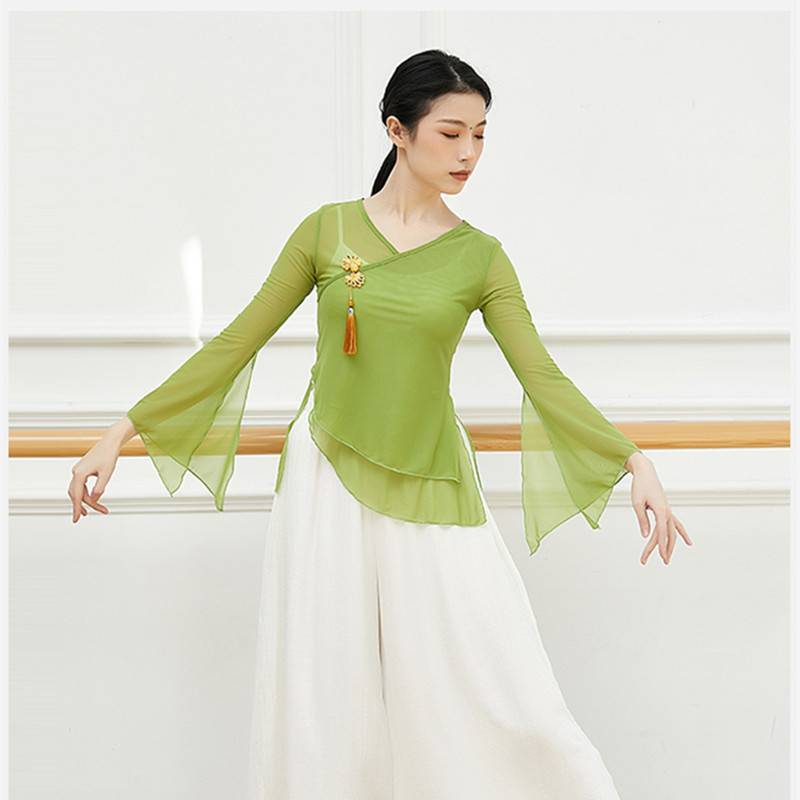 Classical dance clothing elegant practice service national dance net yarn performance service disk buckle and spoiler design speaker long sleeves