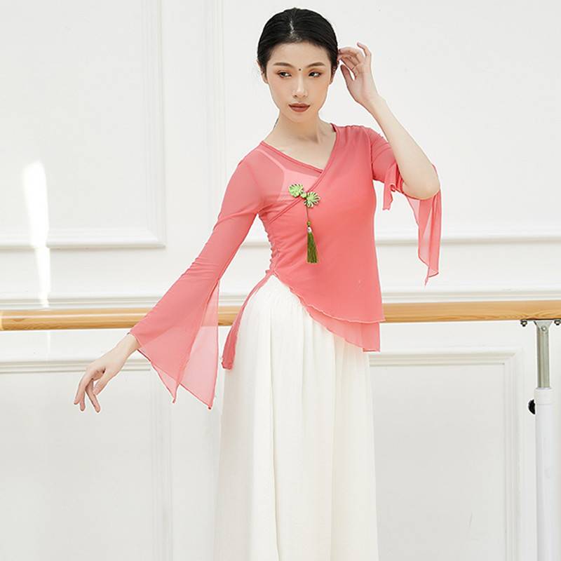 Classical dance clothing elegant practice service national dance net yarn performance service disk buckle and spoiler design speaker long sleeves