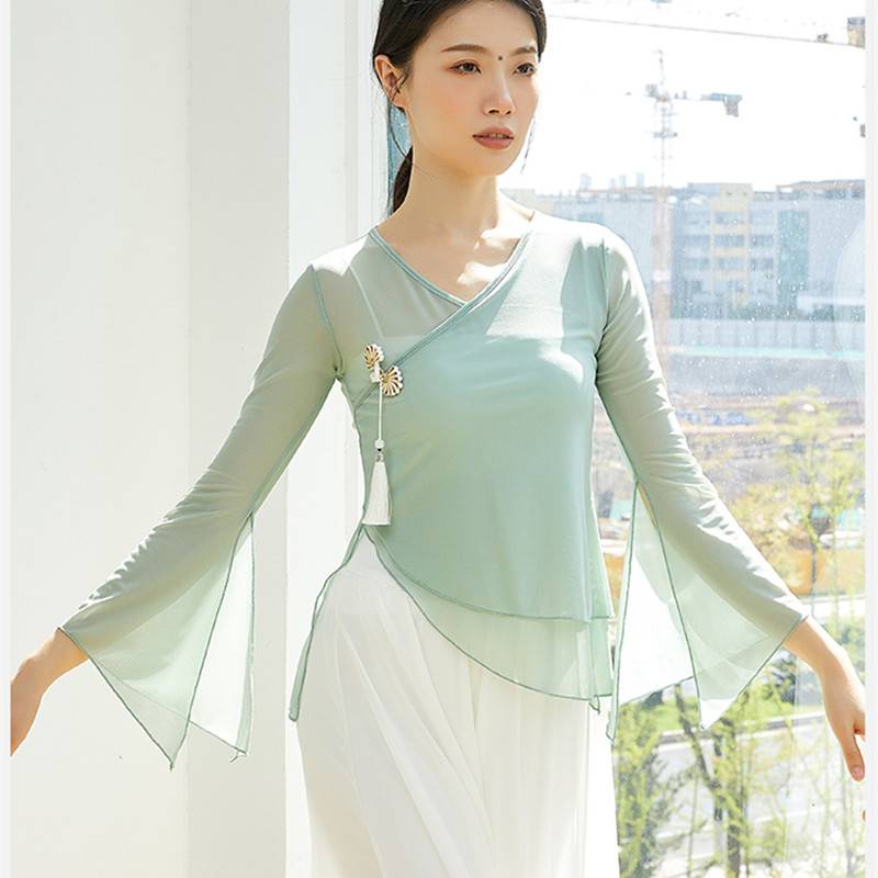 Classical dance clothing elegant practice service national dance net yarn performance service disk buckle and spoiler design speaker long sleeves
