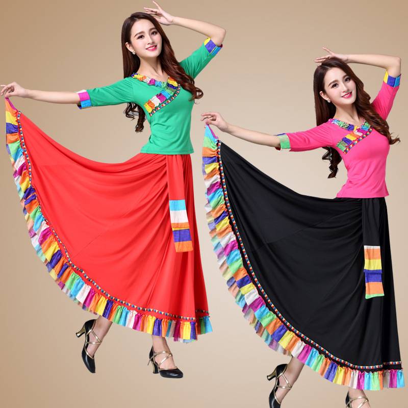 Plaza dance clothing new clearance female spring and summer national Mongolian milk silk mid -sleeved long skirt performance dance set