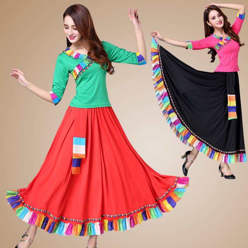 Plaza dance clothing new clearance female spring and summer national Mongolian milk silk mid -sleeved long skirt performance dance set