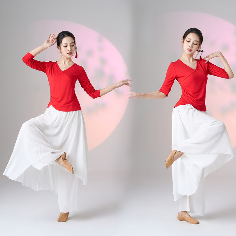 Yunshang New Plaza Dance Clothing Female Modal Middle Sleeve Long -sleeved V -neck V top Classical Dance National Storm Dance Service