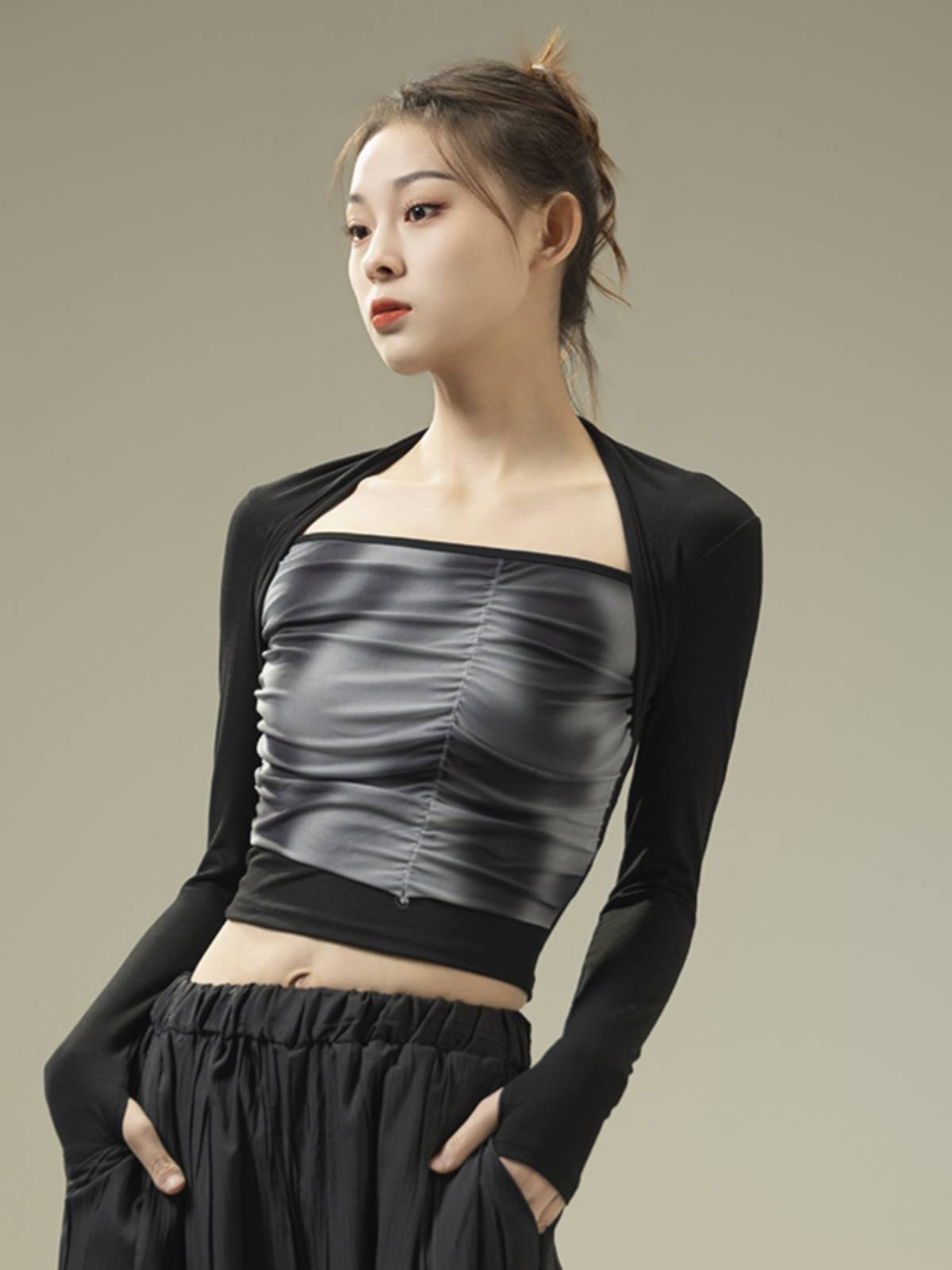Classical dance clothing, slim knitted long -sleeved ink net gauze, refers to the practice of Chinese dance nation dance service women
