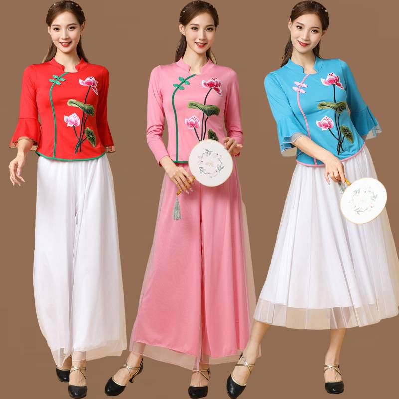 Square dance clothing ethnic style classical fan dance performance performance dancing clothes female Chinese style lotus net gauze pants