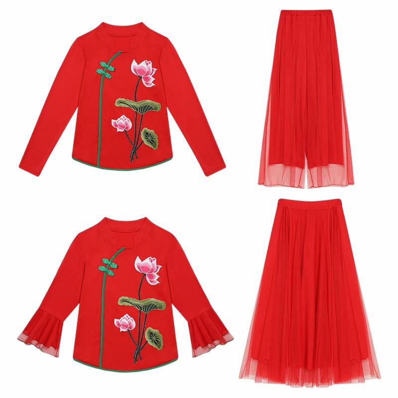 Square dance clothing ethnic style classical fan dance performance performance dancing clothes female Chinese style lotus net gauze pants