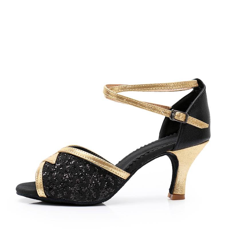 Djzj black Latin dance shoes women's adult mid -high heel dancing dance dancing big children practitioner shoes denim dance