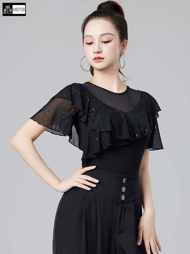 Latin dance top female spring and summer new 2024 short -sleeved mesh gauze leaf edge, modern square friendship dance clothing