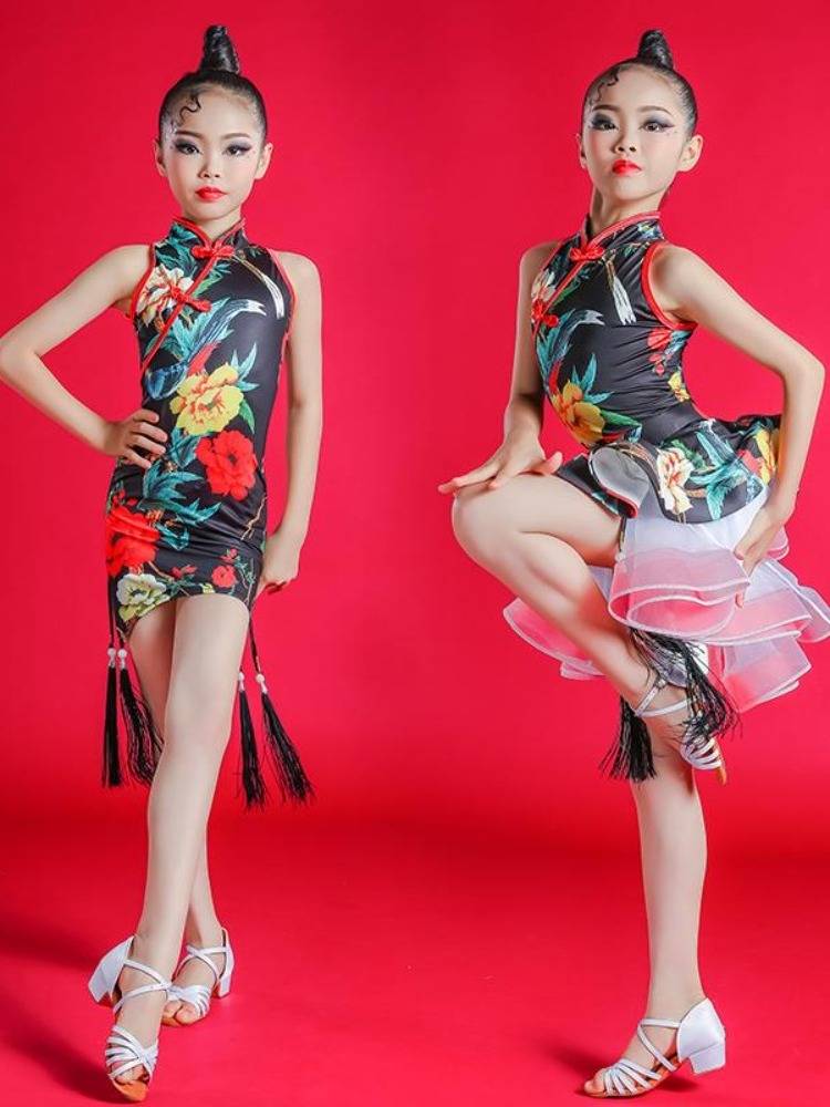 Children's Latin dance service girls cheongsam gauze skirt Latin dance watch show children Latin dance fashion exercises