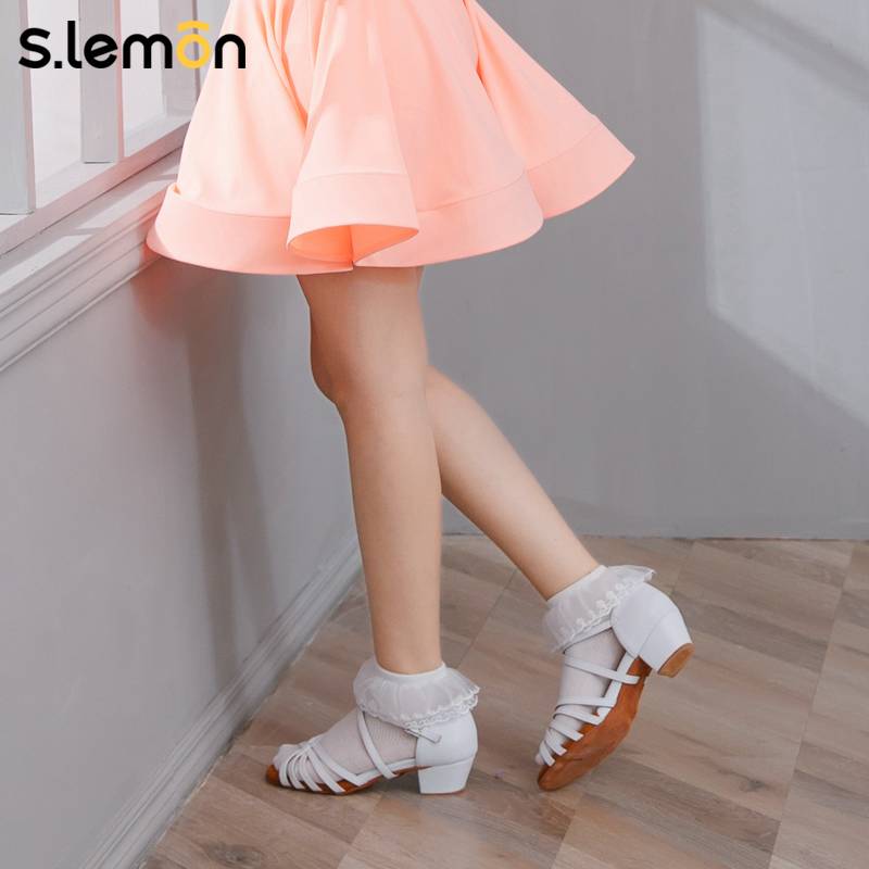 Slemon children's Latin dance socks girl dedicated white practice professional competition training lace dance socks female