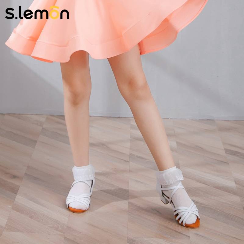 Slemon children's Latin dance socks girl dedicated white practice professional competition training lace dance socks female