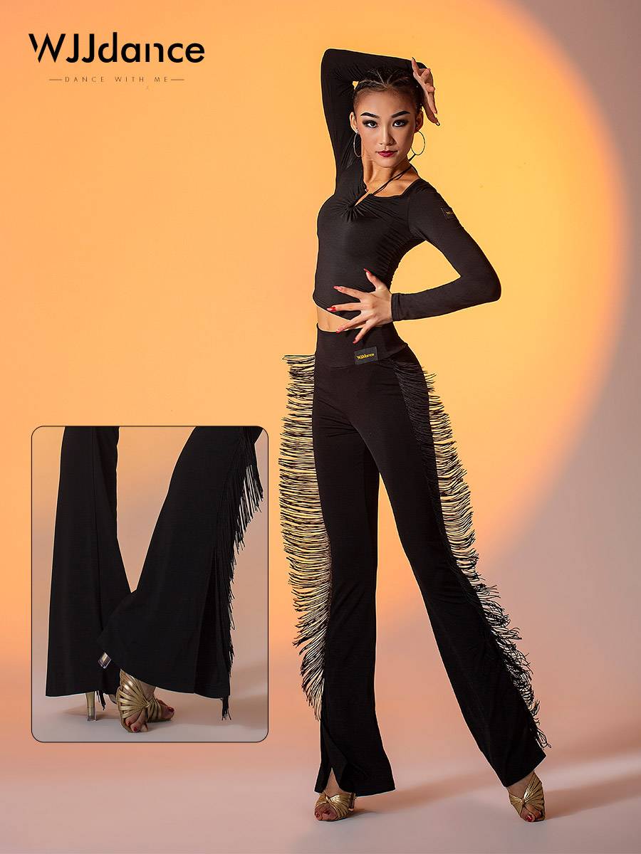 Wjjdance Latin dance streaming pants children 2024 new high -waisted pants foot split small flared trousers practice uniform