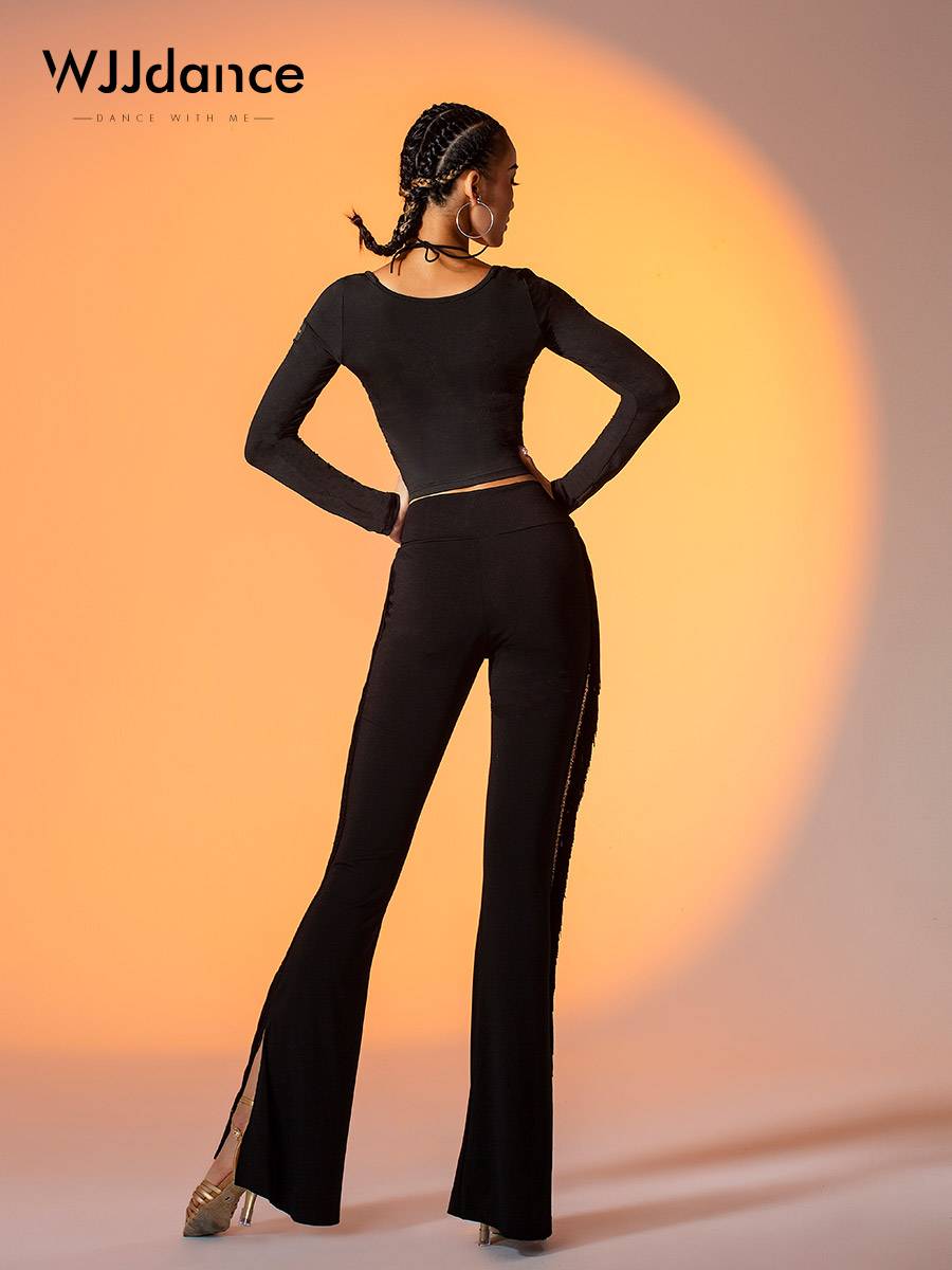 Wjjdance Latin dance streaming pants children 2024 new high -waisted pants foot split small flared trousers practice uniform